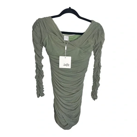 NWT Selfie Leslie Olive Moonrise Off The Shoulder Long Sleeve Rouched Mini Dress - Picture 4 of 7